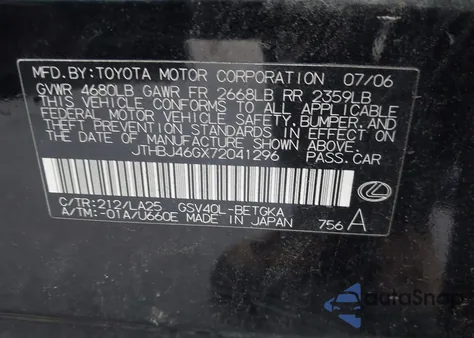 2007 Lexus Es 350 from USA, damaged, VIN JTHBJ46GX72041296